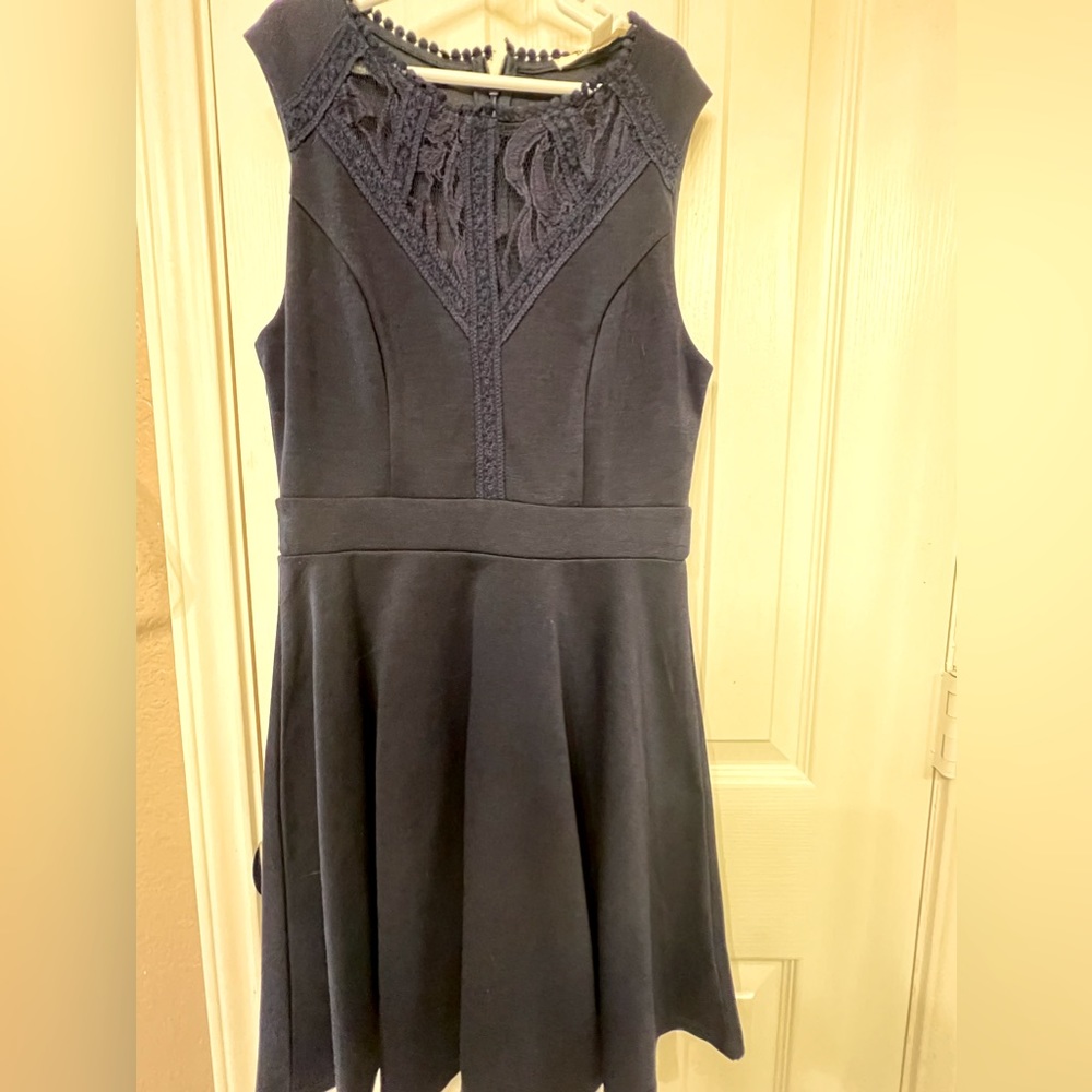 NWT Francesca’s Navy Fit & Flare Sleeveless Mini Dress Lace Detail, Size Small